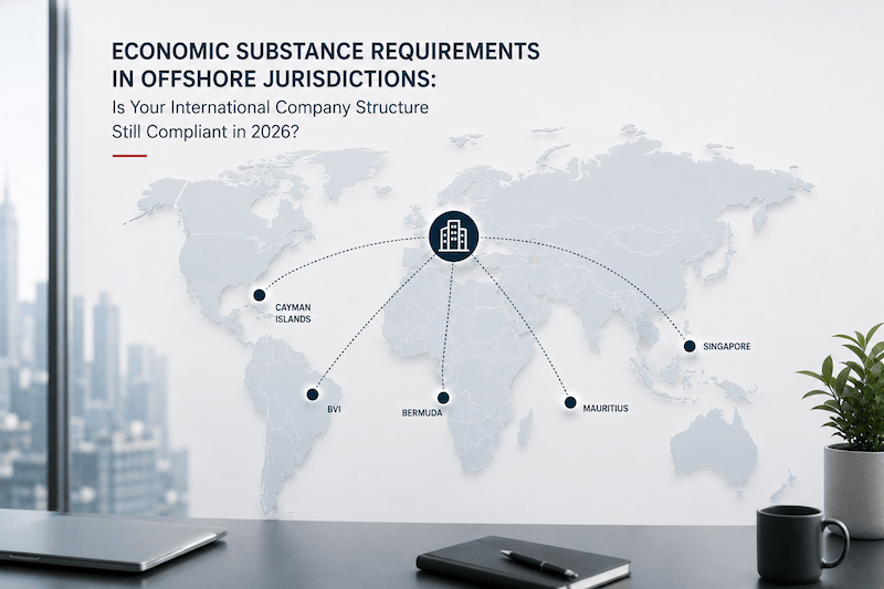 ASC Consulting Limited presents a World map infographic titled Economic Substance Requirements in Offshore Jurisdictions, linking Cayman Islands, BVI, Bermuda, Mauritius and Singapore.