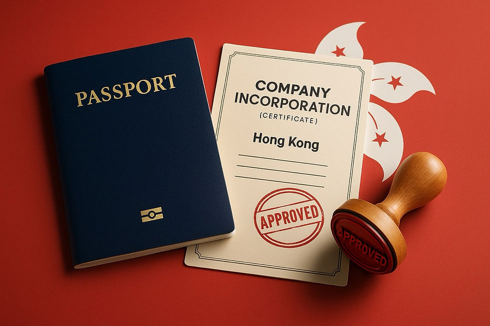 Blue passport and Hong Kong company incorporation certificate with "Approved" stamp on red background with flag emblem of Hong Kong