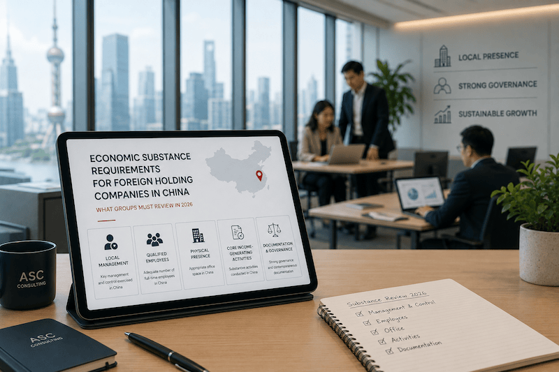ASC Consulting Limited presents a tablet shows Economic Substance Requirements for Foreign Holding Companies in China; coworkers meet in a modern office with skyline view.