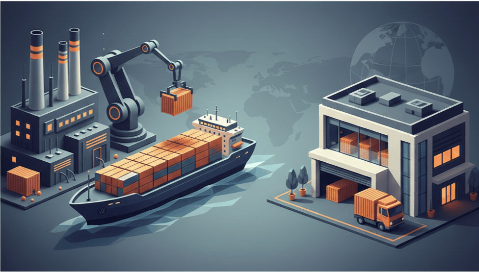 ASC Consulting Limited presents a cargo ship near factory and warehouse, crane loading containers. Background world map, muted colors convey trade and logistics theme.