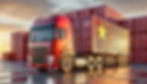 red cargo truck with the Chinese-flagged container at sunset