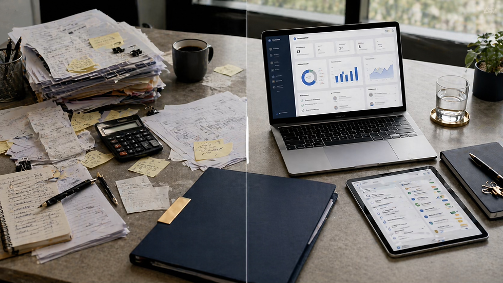 Photorealistic 16:9 editorial blog header image for ASC Consulting Limited, realistic business desk composition showing manual admin papers on one side and a clean digital operations setup on the other, laptop with abstract workflow dashboard, no readable text, no logos, deep navy folder, soft white documents, warm grey desktop, muted gold pen and paper clips, small imperfections, uneven paper stacks, natural daylight, soft shadows, documentary editorial camera perspective, premium consulting atmosphere, clean negative space for title overlay, avoid cheesy before-after graphics, avoid impossible UI, avoid overly perfect staged advertising look.
