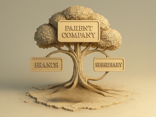 Tree diagram with "Parent Company" at the top and "Branch" and "Subsidiary" as branches, all in beige tones on a cracked ground.