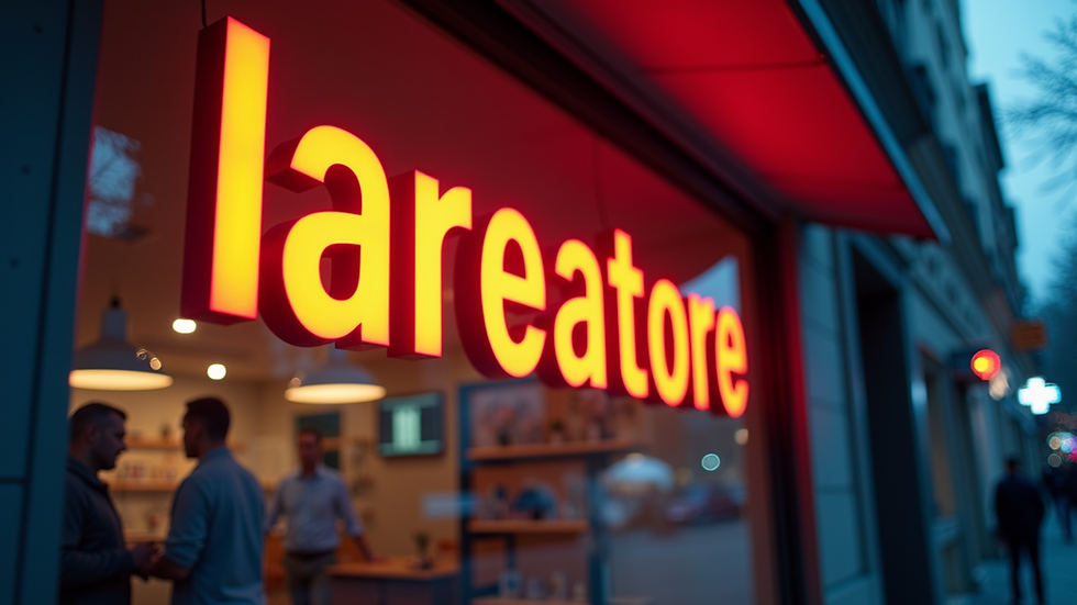 Eye-level view of a vibrant logo displayed on a storefront