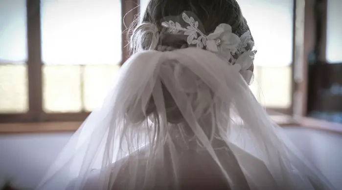 A soft rear bridal portrait shows the bride's veil and floral hairpiece beside gentle window light.