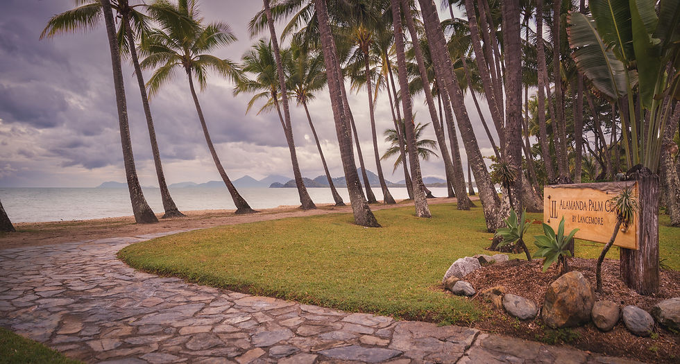 Palm-lined beach resort with stone path and ocean view; sign reads Alamanda Palm Cove by Lancemore under cloudy sky. Shamrock Space Studio exterior and landscape photography.