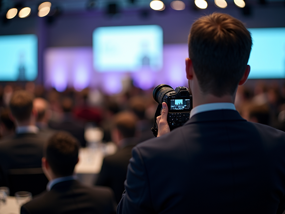 Shamrock Space Studio Photographer captures an event with a camera in Cairns Convention Centre , focusing on a blurred audience in a dimly lit conference room. Blue and purple hues dominate.