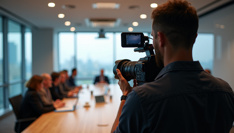 Eye-level view of a professional videographer from Shamrock Space Studio filming a corporate event in a modern conference room