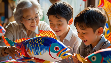 grandparents making large painted fish puppets with kids.jpg