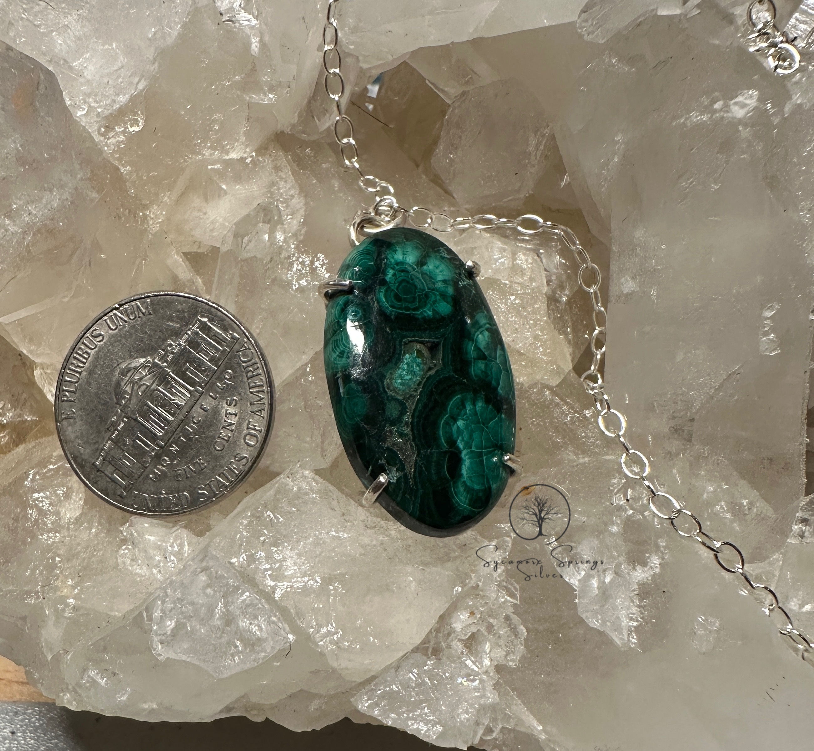 Malachite pendant with 20 inch sterling silver chain 