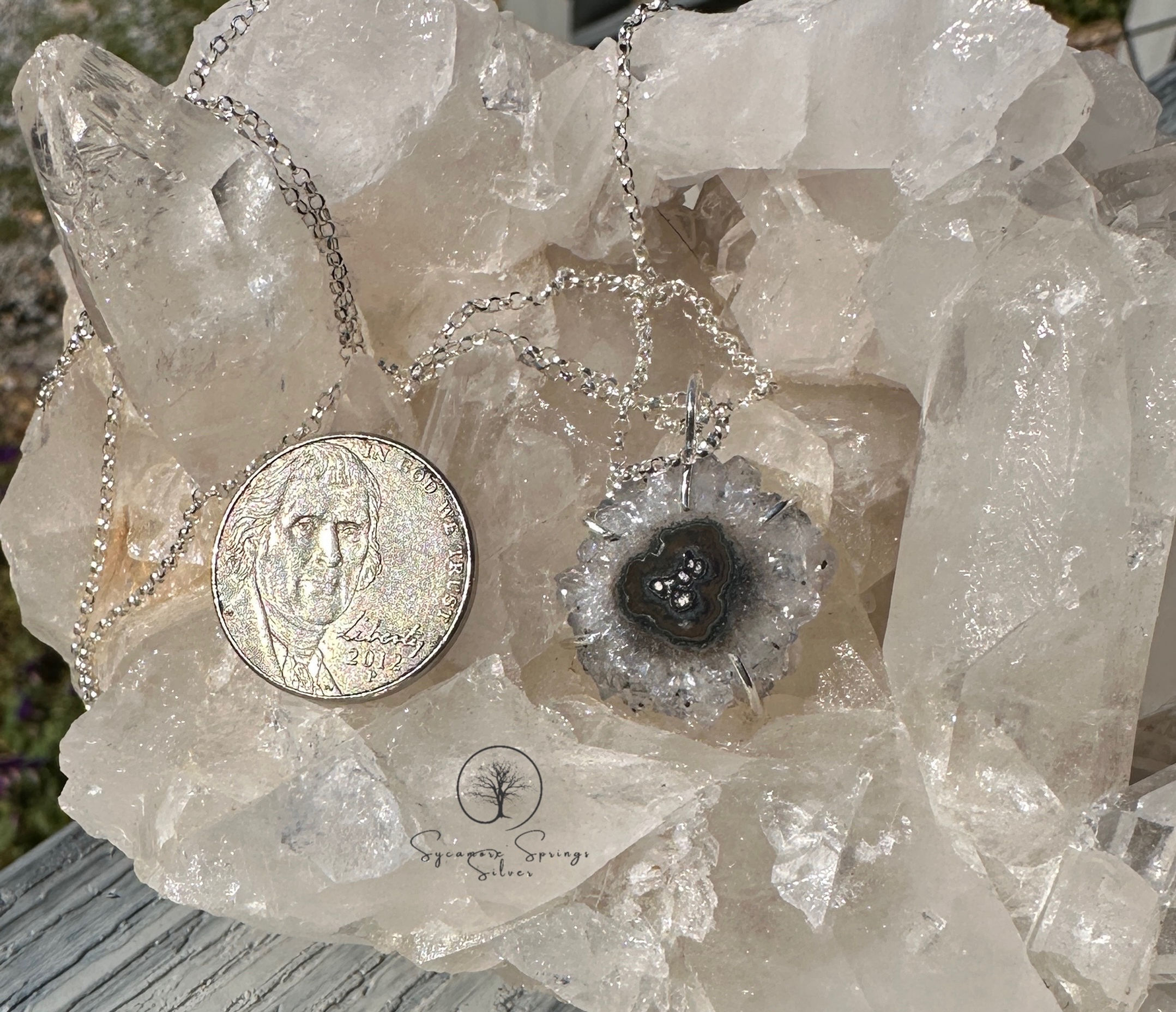 Stalagmite slice  with 20 in chain in  Sterling silver 