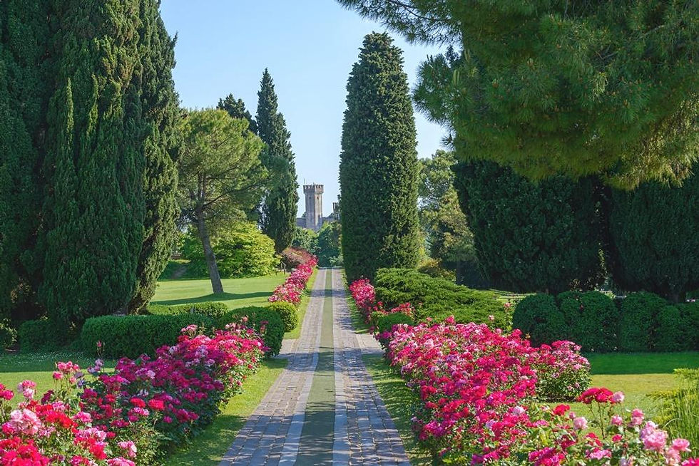 Path flanked by vibrant pink flowers and lush green trees, leading to a distant tower. Bright, sunny day enhances the serene garden scene.