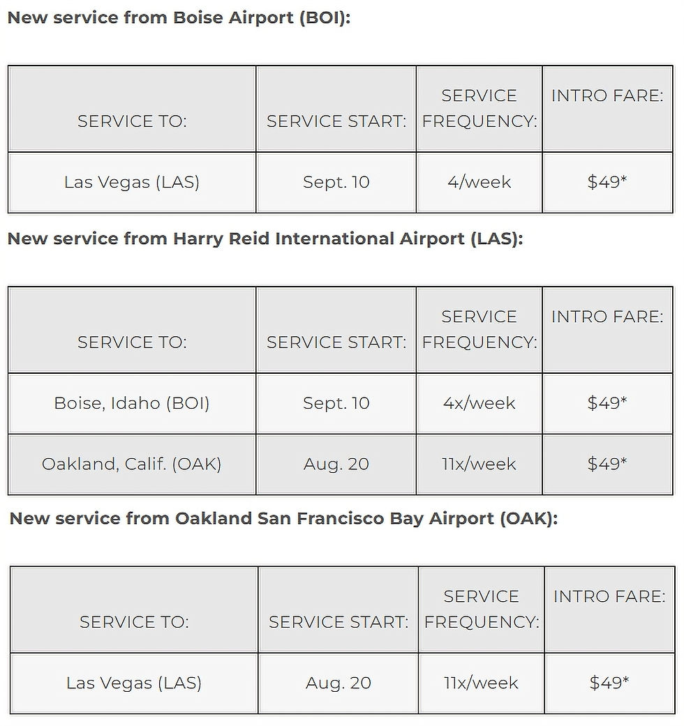 Frontier Airlines' Schedule From Las Vegas to Oakland, California and Boise, Idaho - Courtesy Frontier Airlines