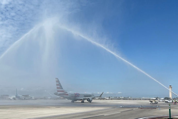 The Envoy-operated Embraer E175 with a Special Livery Marking America’s 250th Anniversary Year Received a Traditional Water Cannon Salute as it Departed the Gate in Miami – Courtesy American Airlines