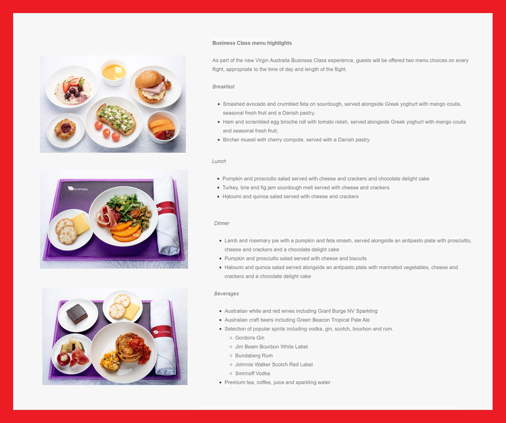 Virgin Australia Launches New Business Class and Economy Buy Onboard Menus Virgin Australia Launches New Business Class and Economy Buy Onboard Menus