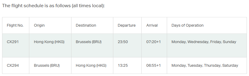 Cathay Pacific's Schedule Between Hong Kong and Brussels - Courtesy Cathay Pacific