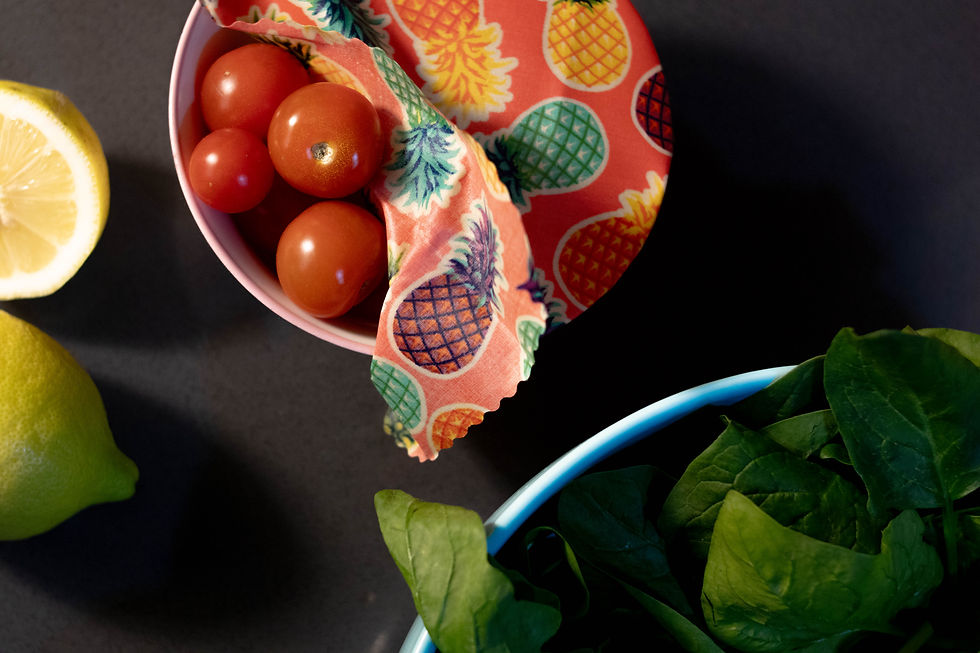 Eye-level view of reusable cloth wraps folded neatly on a kitchen counter