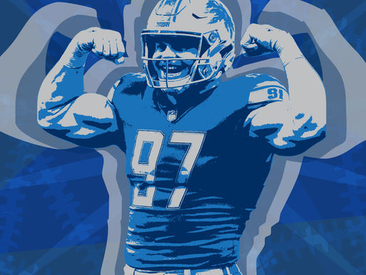 A triumphant Detroit Lions player flexing in celebration, symbolizing the city’s sports comeback across football, baseball, basketball, and hockey.