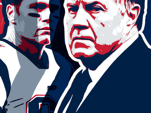 Stylized artwork of Tom Brady and Bill Belichick, emphasizing their contrasting expressions and complex legacy with the New England Patriots.