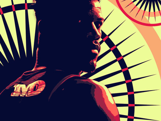 Bold pop-art image of a professional basketball player with intense lighting and radial background, representing NBA influence and identity.