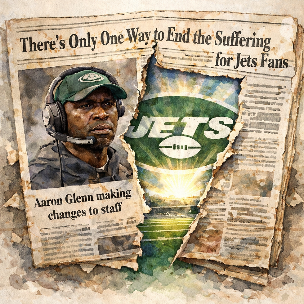 Watercolor-style illustration of a torn newspaper featuring New York Jets coach Aaron Glenn, with the Jets logo emerging through the rip, symbolizing fractured hope and long-suffering Jets fandom.