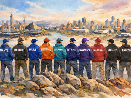 Watercolor-style illustration of ten men standing side by side on a rocky overlook, facing a modern city skyline with stadiums in the distance. Each man wears a jacket labeled with an NFL team name—Giants, Raiders, Bills, Browns, Dolphins, Titans, Ravens, Cardinals, Steelers, and Falcons—symbolizing the league’s new head coaching hires during the offseason.