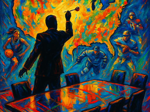 “Colorful Leroy Neiman–style sports artwork showing a GM silhouette throwing a dart at a bright, abstract U.S. map surrounded by dynamic figures from the NHL, NBA, WNBA, MLB, and NFL to represent league expansion across major markets.”