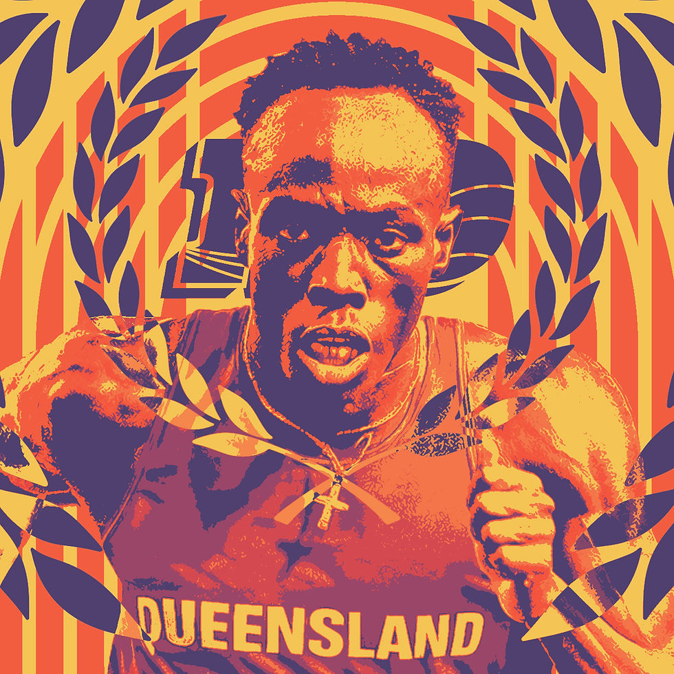 Pop-art–style portrait of teenage sprinter Gout Gout in a racing stance, wearing a Queensland jersey. The background features vibrant orange and yellow sunburst patterns and laurel leaves, symbolizing triumph and speed.