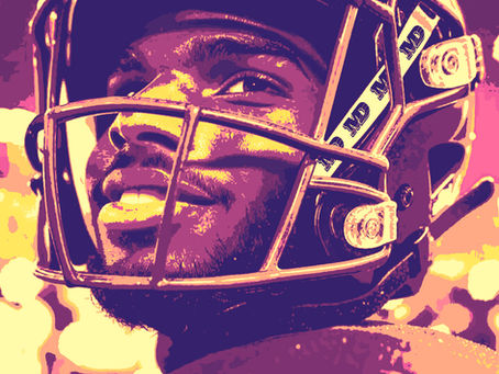 Close-up stylized image of Shadeur Sanders in football gear, smiling confidently under stadium lights.