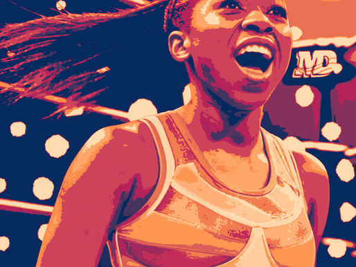 A triumphant female wrestler smiling in the ring under bright lights, symbolizing the energy and empowerment of WWE’s all-women Evolution 2 event.