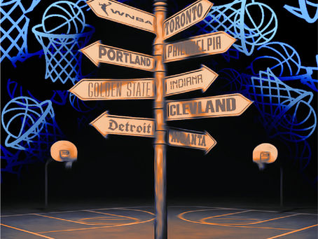 A creative illustration of a street sign pointing to future WNBA expansion cities like Toronto, Golden State, Cleveland, and Detroit, set on a glowing basketball court with abstract hoops in the background.