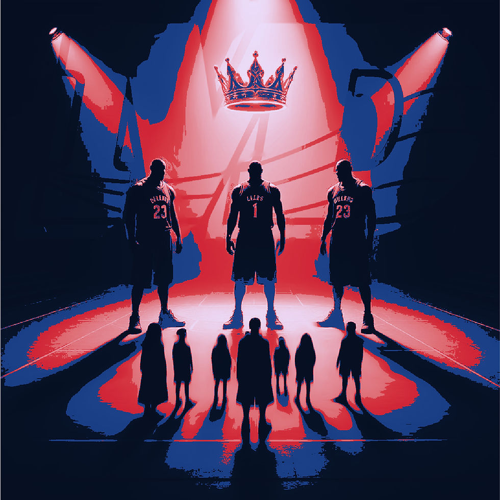 Stylized digital artwork of three basketball players standing under a spotlight with a floating crown above them, symbolizing the NBA’s search for its next “face of the league.” Silhouetted figures in the foreground watch from the shadows, representing rising stars awaiting their chance to claim the throne.