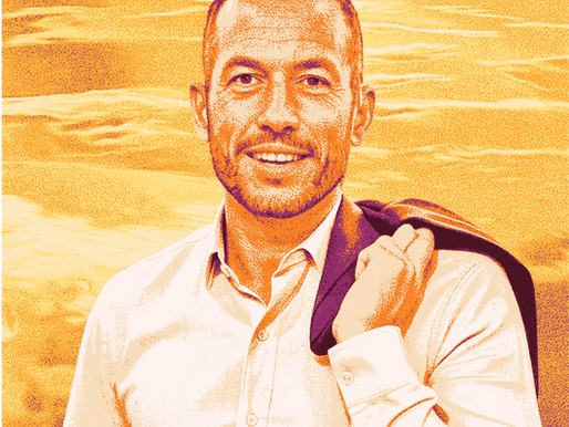 Warm-toned, stylized portrait of a smiling man in a dress shirt holding a blazer over his shoulder, standing confidently against a radiant sunset sky — symbolizing gratitude, legacy, and the end of a meaningful era.