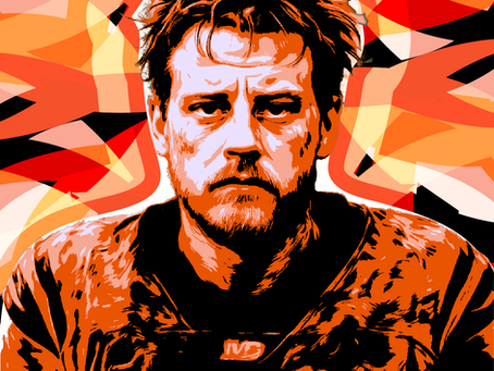 Stylized portrait of Cincinnati Bengals quarterback Joe Burrow in his uniform, set against a fiery orange, red, and black abstract background, symbolizing frustration and intensity amid his team's struggles.