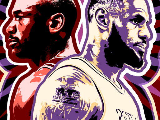 Stylized pop-art illustration of basketball legends Michael Jordan and LeBron James standing back-to-back, symbolizing the iconic GOAT debate. Bold red, purple, and black starburst background emphasizes intensity and legacy clash.