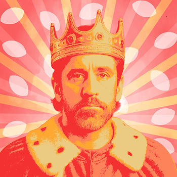 Pop art–style illustration of NFL quarterback Aaron Rodgers wearing a royal crown and fur-trimmed robe, with radiant sunburst rays and football shapes in the background—symbolizing his legendary status and larger-than-life presence in football culture.