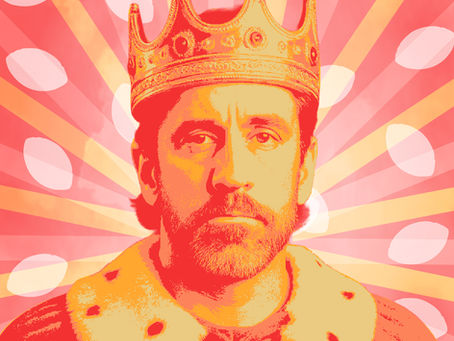 Pop art–style illustration of NFL quarterback Aaron Rodgers wearing a royal crown and fur-trimmed robe, with radiant sunburst rays and football shapes in the background—symbolizing his legendary status and larger-than-life presence in football culture.