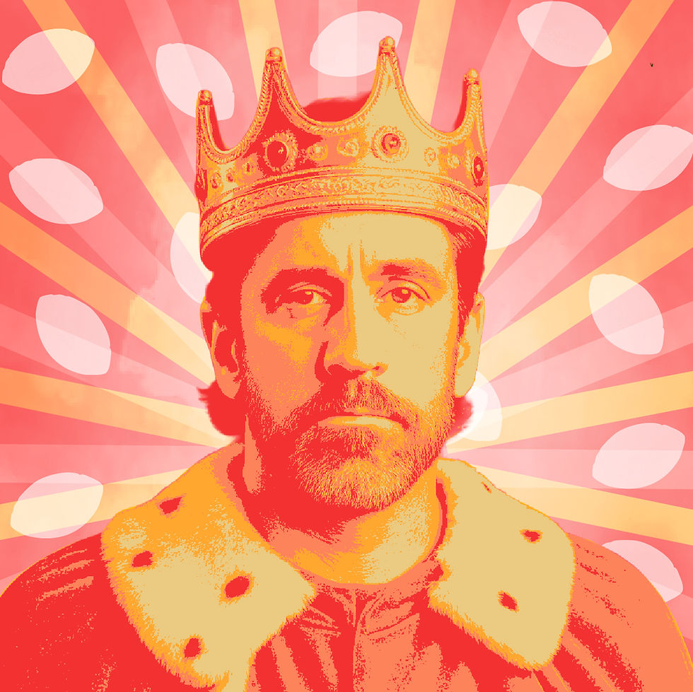 Pop art–style illustration of NFL quarterback Aaron Rodgers wearing a royal crown and fur-trimmed robe, with radiant sunburst rays and football shapes in the background—symbolizing his legendary status and larger-than-life presence in football culture.
