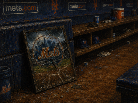 A dark, moody impressionistic painting shows the interior of a baseball dugout rendered with thick oil-like brushstrokes and textured shadows. In the foreground, a large cracked mirror leans against the padded dugout wall, reflecting a distorted New York Mets logo over a blurred baseball field and skyline. Jagged cracks spread across the glass, splintering the reflection into fractured pieces. The dugout stretches deeper into the background with wooden benches, scattered cups, batting helmets, and equipment shelves visible under dim lighting. Mets logos and signage line the deep blue dugout walls, while debris and broken glass litter the dirt-covered floor, creating a somber, symbolic atmosphere of fracture and instability.