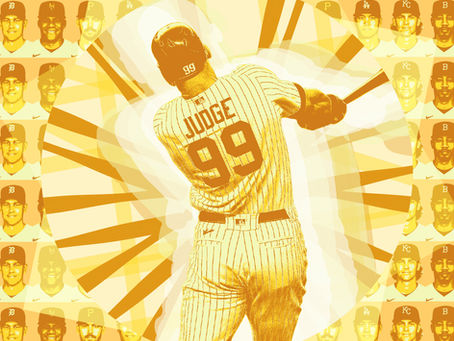 Stylized image of Aaron Judge mid-swing in Yankees pinstripes, radiating in golden hues with a backdrop of MLB player faces—representing baseball’s modern transformation amid its rising popularity.