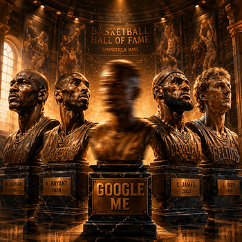 A dramatic basketball Hall of Fame gallery rendered in a cinematic oil-painting style. Rows of bronze busts honoring legendary basketball figures stand on polished marble pedestals beneath warm golden museum lighting. At the center of the display is a blurred, indistinct bronze bust with a large plaque reading “GOOGLE ME,” contrasting with the sharp, detailed legends surrounding it. Floating dust particles, rich bronze textures, and dramatic shadows create an atmosphere of reverence and reflection. The image symbolizes the tension between lasting legacy and modern fame, highlighting the difference between historical greatness and the pursuit of attention.