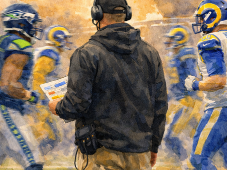 An NFL head coach wearing a headset studies a play sheet on the sideline as players move around him in motion blur, symbolizing the central role of offensive play-calling in shaping quarterback and team success.