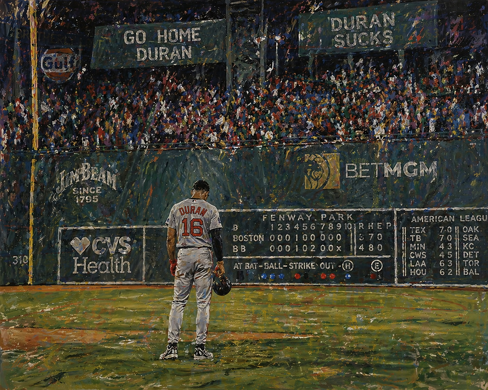 A vivid, impressionistic watercolor-style painting shows Jarren Duran standing alone in the outfield at Fenway Park at night. Viewed from behind, Duran wears a gray road uniform with “DURAN 16” on the back, his head slightly bowed and helmet hanging at his side. Towering above him, the iconic Green Monster wall is covered with scoreboard details and advertisements, while a packed crowd looms in the background. Large, harsh banners in the stands display taunting messages directed at him. The scene uses bold, chaotic brushstrokes and saturated colors to contrast the energy of the crowd with the isolation of the player, emphasizing the emotional weight of performing under public scrutiny.