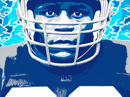 Stylized digital portrait of legendary NFL running back Barry Sanders in a Detroit Lions uniform, staring forward through his helmet facemask against a vibrant blue background with lightning and Lions motifs.
