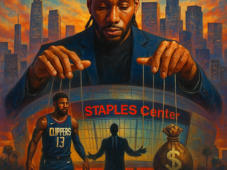 A stylized illustration of a tall basketball player in a suit portrayed as a puppet master, holding strings attached to another basketball player and a bag of money in front of an arena labeled “Staples Center,” with a city skyline in the background.