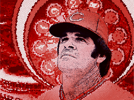 Artistic mosaic-style portrait of MLB legend Pete Rose wearing a Cincinnati Reds cap, set against a bold red stained-glass-inspired background, evoking themes of redemption and legacy.