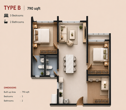Rosedale Type B 790 sq ft 3 bedroom serviced apartment floor plan in Bandar Botanic Klang