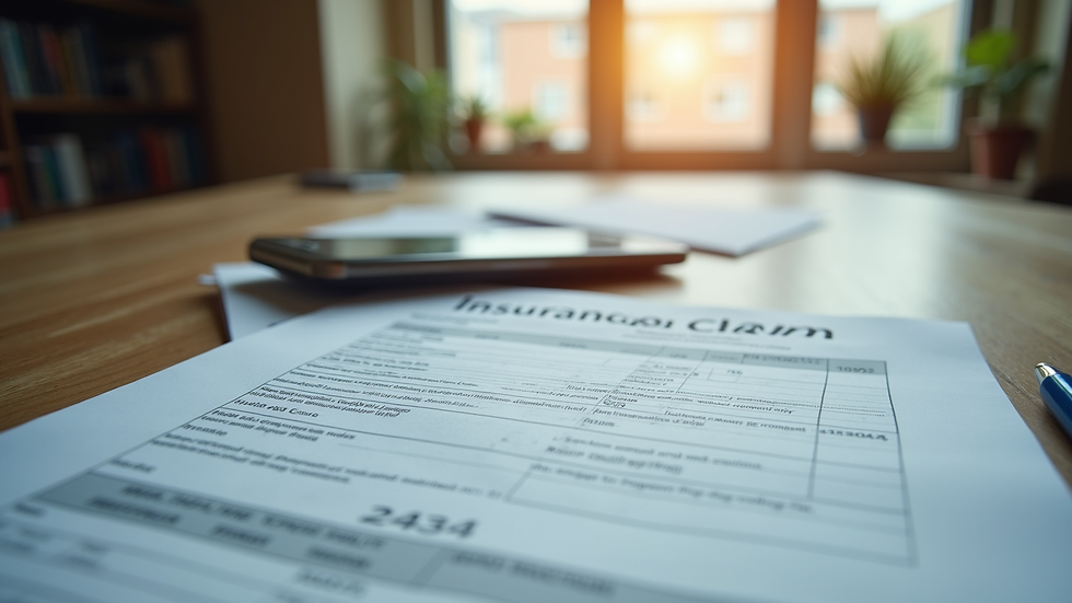 Close-up view of insurance claim documents and damaged property photos
