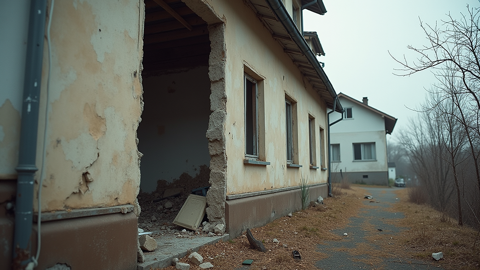 Eye-level view of damaged residential building exterior
