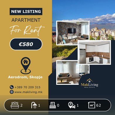 Cevahir 2 Bedroom 62m² Apartment for Rent in Skopje